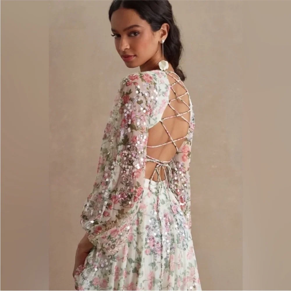 NWT $698 MAC DUGGAL Sequined Floral Print Cut Out Lace Up Gown Dress Maxi 93796